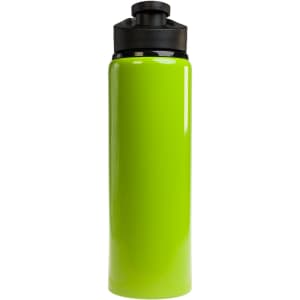 A drink bottle in bright green with a black free flow lid, featuring a smooth, glossy finish.