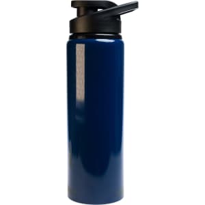 A drink bottle in a deep blue color with a black free flow lid and a sleek design.