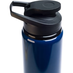 A drink bottle in navy blue with a black free flow lid and a handle for easy carrying.