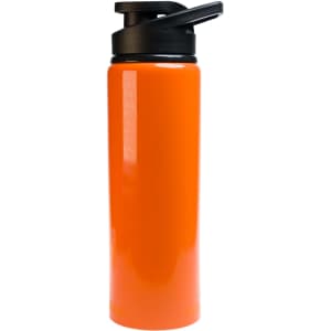 A drink bottle in vibrant orange with a black free flow lid. It has a sleek, modern design and a branded logo.