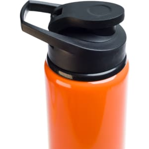 A drink bottle in vibrant orange with a black free flow lid and a handle for easy carrying.