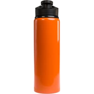 A drink bottle in bright orange with a black free flow lid, featuring a logo.