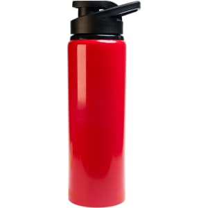 A drink bottle in bright red with a black free flow lid, featuring a sleek and glossy design.