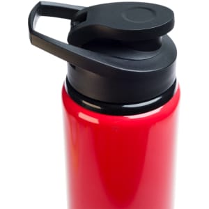 A drink bottle in bright red with a black free flow lid and a handle for easy carrying.