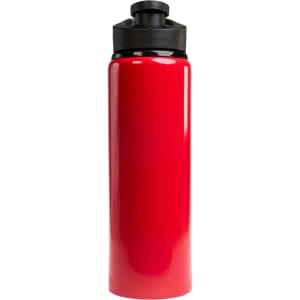 A drink bottle with a sleek red design and a black free flow lid, featuring a capacity of 750ml.