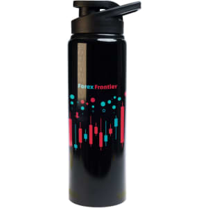 A drink bottle in black with a free flow lid and a colorful design featuring geometric shapes.