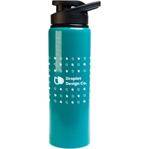 A drink bottle in teal with a black free flow lid and a logo on the side, featuring a dotted design.