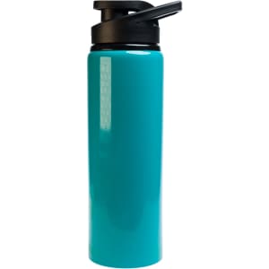 A drink bottle in teal with a black free flow lid. It features a smooth, glossy finish and a sleek design.