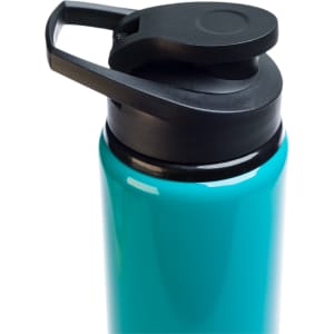 A drink bottle in bright turquoise with a black free flow lid and a handle for easy carrying.