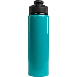 A drink bottle in a vibrant turquoise color with a black free flow lid and a sleek design.