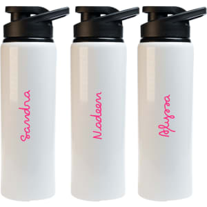 A drink bottle with a sleek white design and a black flip lid, featuring decorative names in pink.