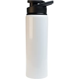 A drink bottle featuring a sleek white design with a black free flow lid and a branding logo.