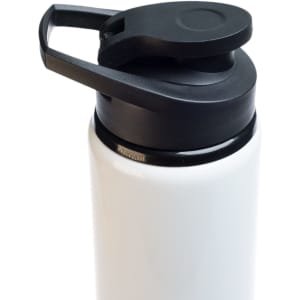 A drink bottle with a white body and a black free flow lid, featuring a sturdy handle and a logo.