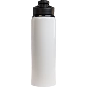 A drink bottle with a white body and a black free flow lid. It includes a logo on the body.