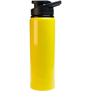 A drink bottle in bright yellow with a black free flow lid. The design features a smooth, glossy finish.