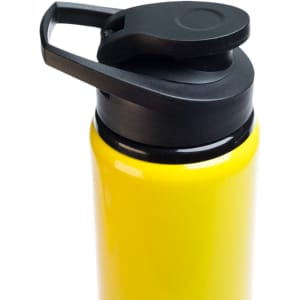A drink bottle in vibrant yellow with a black free flow lid and an ergonomic handle.