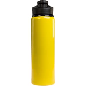 A drink bottle in bright yellow with a black free flow lid and a sleek, cylindrical design.