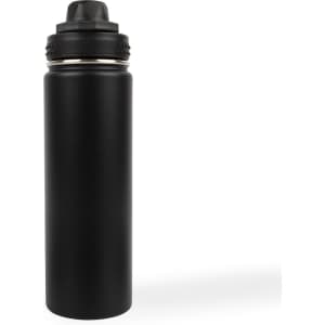 A drink bottle in black stainless steel with a screw-on lid and a logo on the front.