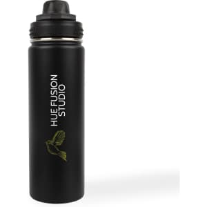 A drink bottle in matte black stainless steel with a logo and a screw-top lid.