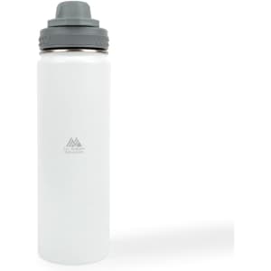A drink bottle in white with a gray lid, featuring a logo on the body.