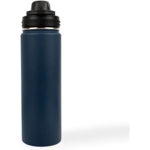 A drink bottle in dark blue stainless steel with a black screw-on lid and a black top. It features a logo.