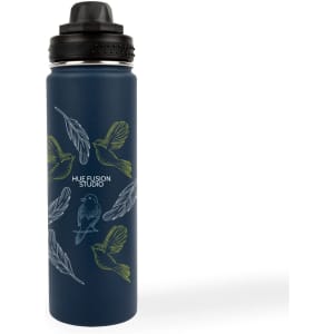 A drink bottle in navy blue features illustrated birds and feathers, with a black threaded lid and a logo.