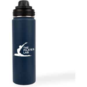 A drink bottle in navy blue stainless steel with a black screw top and a logo on the side.