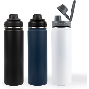 A drink bottle set featuring three colors: matte black, navy blue, and white, each with a lid and a logo.