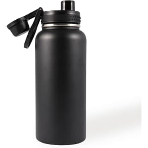 A drink bottle with a matte black finish, featuring a screw-on lid and a straw cap, includes a logo.