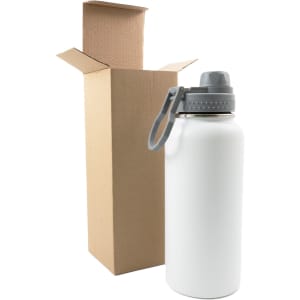 A drink bottle in white stainless steel with a gray lid, next to a cardboard box.