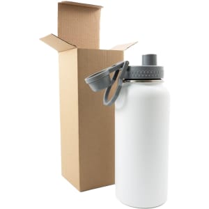A drink bottle in white with a grey lid and handle, beside a brown cardboard box.