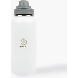 A drink bottle in a frosted white finish with a gray cap, featuring a logo.