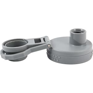 A drink bottle cap in gray with a flip-top design and a removable handle. Features a textured grip.