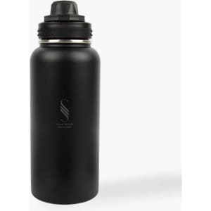 A drink bottle made of stainless steel, featuring a sleek black finish and a twist-on cap with a logo.