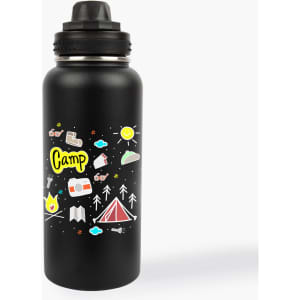 A drink bottle in black featuring a colorful camping-themed design and a threaded cap.