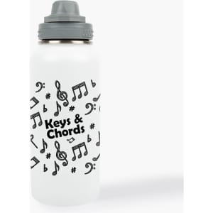 A drink bottle featuring a white design with musical notes and a gray cap. It includes a logo.