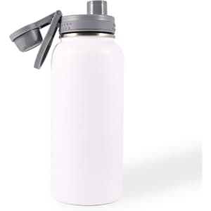 A drink bottle in white stainless steel, featuring a grey cap and a logo on the side.