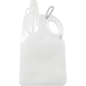 A drink bottle in clear plastic with a carabiner clip and a wide opening for easy filling and carrying.