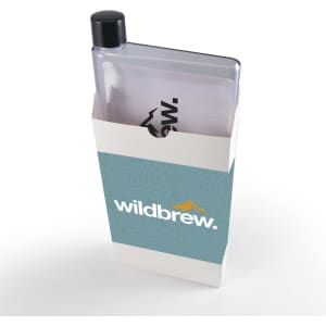 A drink bottle in a clear container with a black lid, featuring a logo and a light blue package.