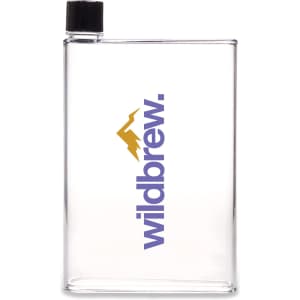 A drink bottle in clear plastic with a black lid and a logo featuring mountains in yellow and text in purple.
