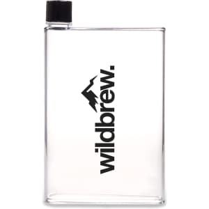 A drink bottle with a clear body, black cap, and a mountain logo. It features a minimalist design.