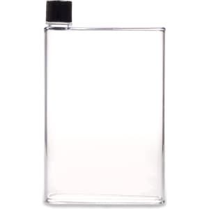 A drink bottle with a transparent body and a black cap, featuring a simple rectangular design.