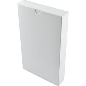 A sleek, white cardboard box designed for packaging a product, featuring a top flap closure.