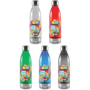A drink bottle collection featuring silver, red, green, blue, and grey designs, each with a logo.