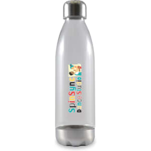 A drink bottle featuring a clear design with a silver metal base and a logo that reads "Spinsync Dance Studio."