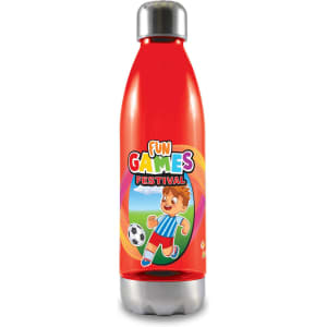 A drink bottle with a bright red body, featuring a playful design of a boy playing soccer and a logo.