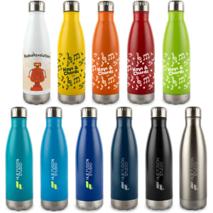 A drink bottle collection featuring various colours: yellow, orange, red, green, blue, black, and stainless steel, each with a logo.