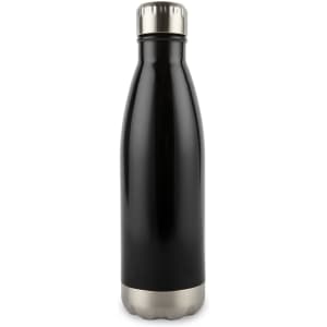 A drink bottle in a sleek black finish with a stainless steel base and a screw-top lid.