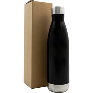 A drink bottle made of stainless steel in black, accompanied by a cardboard box. The bottle features a silver base and cap.