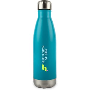 A drink bottle in bright turquoise with a stainless steel base and a logo on its surface.
